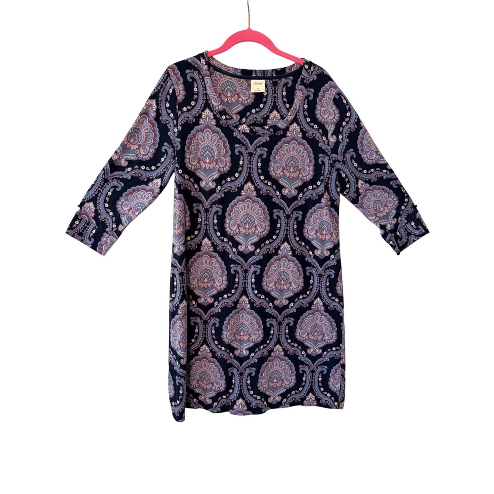 Soma Sleep Dress Womens Medium Blue Paisley Damask 3/4 Sleeve‎ Cotton Modal Knit